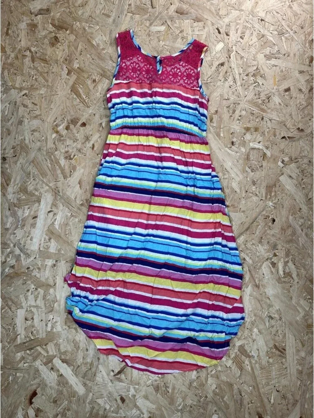 The Childrens Place Girls Dress Size 14 Multicolor Striped High Low Lace Accent